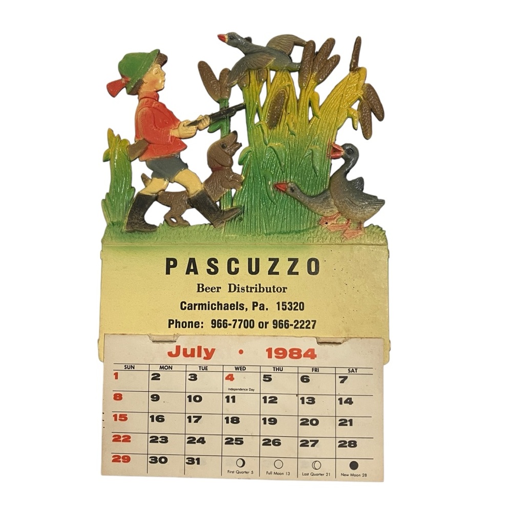 Vintage 1984 Boy Dog Hunting Die Cut Calendar Advertising Pascuzzo Carmichaels